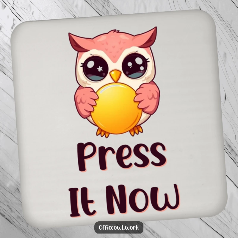 Funny kawaii owl with wide, sparkling eyes, enthusiastically pressing a large, bright button on a humorous drink coaster.