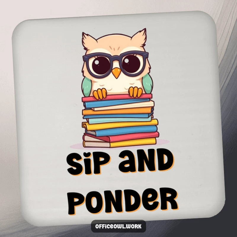 Funny owl coaster showing a kawaii owl with spectacles, peeking over papers, protecting surfaces with humorous scholarly appeal.