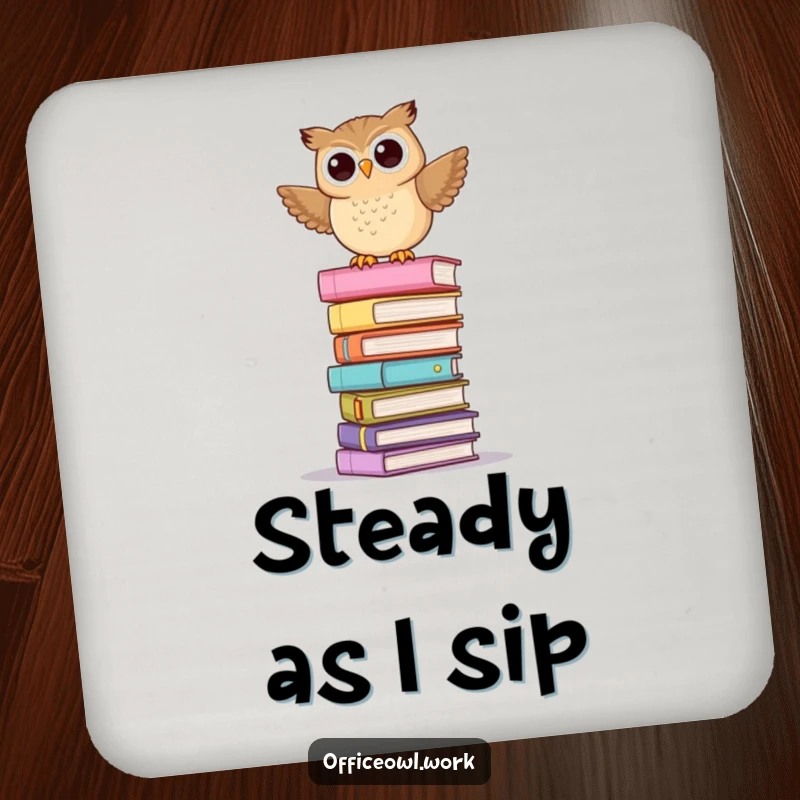 Funny drink coaster with a playful owl balancing precariously on a tall stack of pastel folders.
