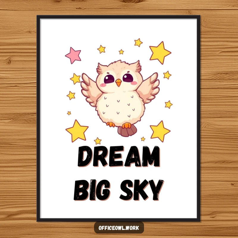 Funny owl poster of a fluffy kawaii owl joyfully soaring through a sky filled with star-shaped sticky notes, adding whimsical decor.