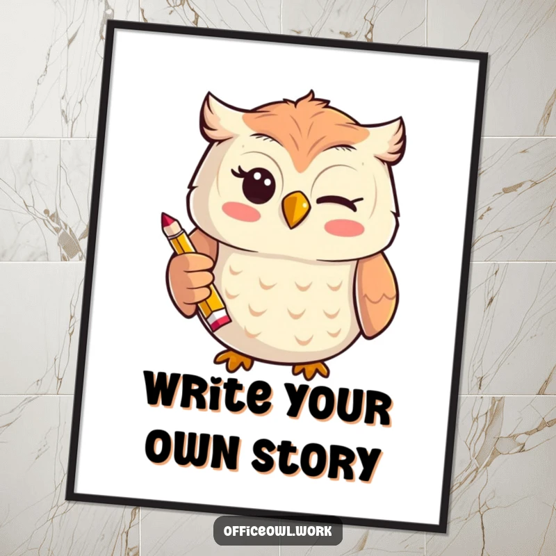 Funny cheerful kawaii owl giving a playful wink while holding a tiny, stylized pencil, displayed as funny wall art.