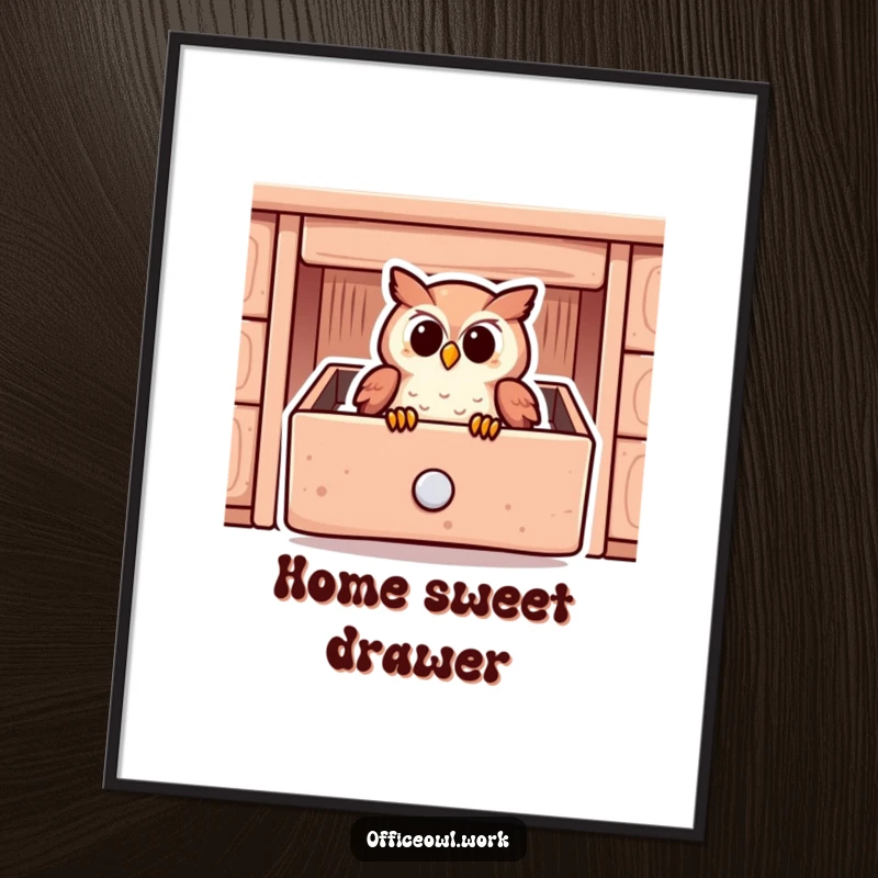 Funny poster art of a content owl nestled cozily within a stylized, open desk drawer, bringing peace.