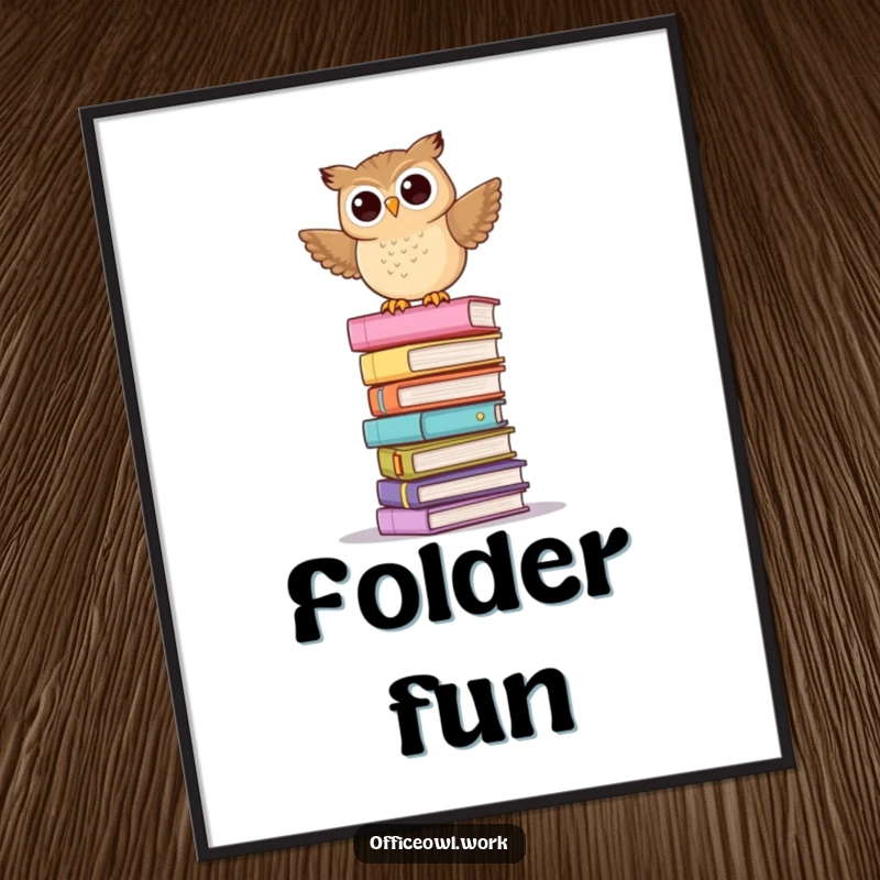 Funny poster art of a playful owl balancing precariously atop a tall, unstable stack of pastel-colored folders.