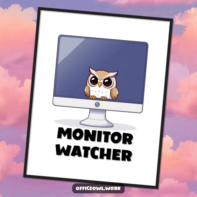 Funny poster art of a playful owl peering from behind a large computer monitor screen, with wide, curious eyes.