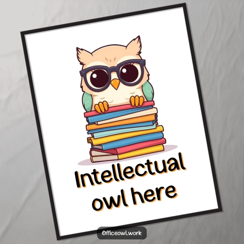 Funny owl poster of a kawaii owl wearing spectacles, peeking over a pile of colorful papers, adding a humorous scholarly touch.
