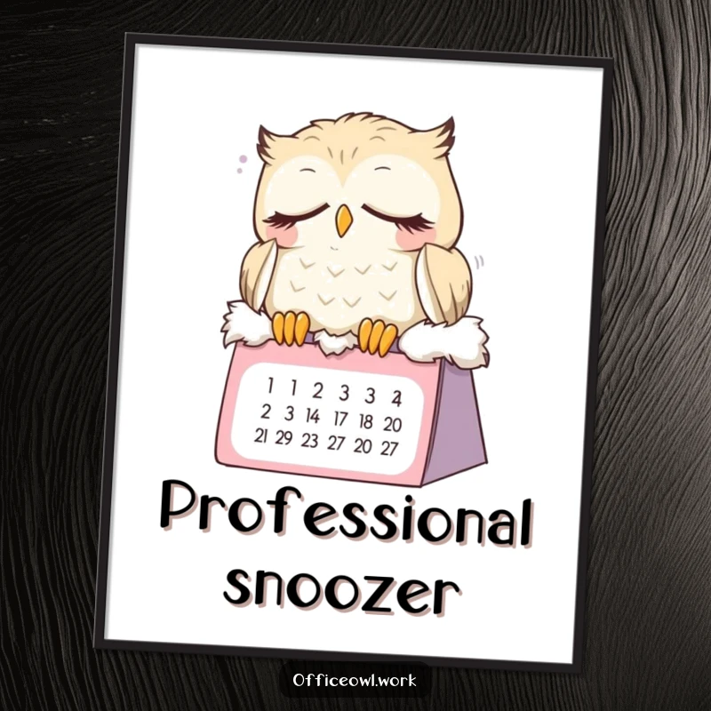 Funny sleepy owl poster showcasing a cute bird peacefully dozing on a desk calendar, bringing smiles and a touch of sleepy charm.