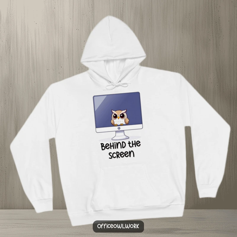 Funny, cozy hoodie featuring a playful owl peeking out from behind a large computer monitor screen.