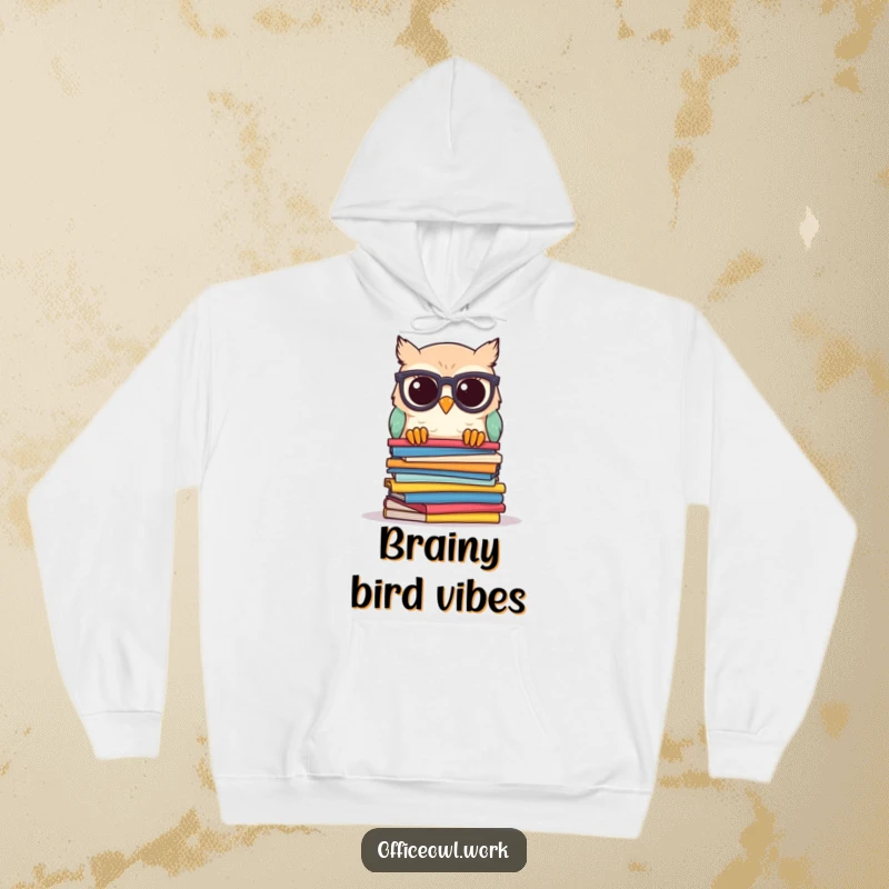 Funny owl hoodie showing a kawaii owl with spectacles, peeking curiously over a stack of colorful papers, perfect for cozy study time.