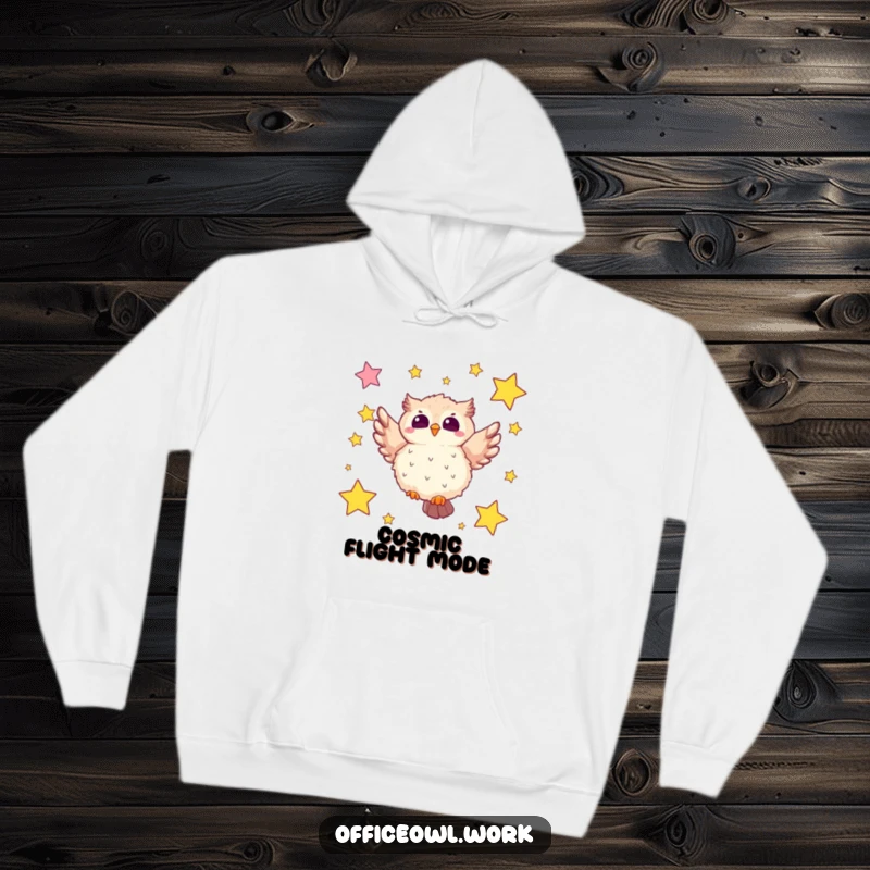 Funny owl hoodie showing a fluffy kawaii owl joyfully soaring through a sky filled with star-shaped sticky notes, perfect for cozy dreaming.