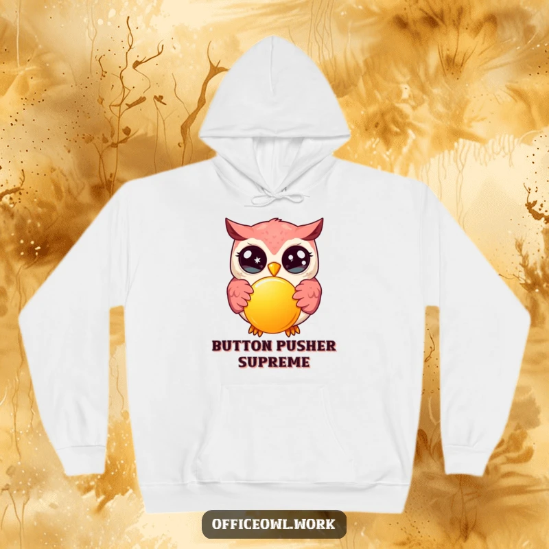 Funny kawaii owl with sparkling eyes, enthusiastically pressing a large, bright button, printed on a cozy hoodie.
