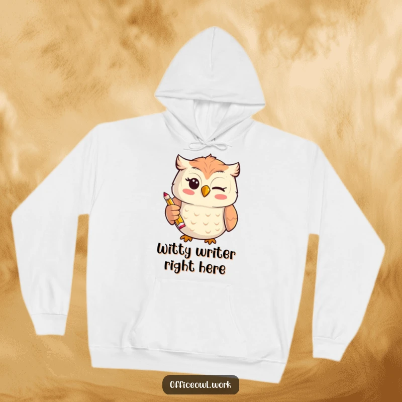 Funny cheerful kawaii owl giving a playful wink while holding a tiny, stylized pencil on a cozy hoodie.