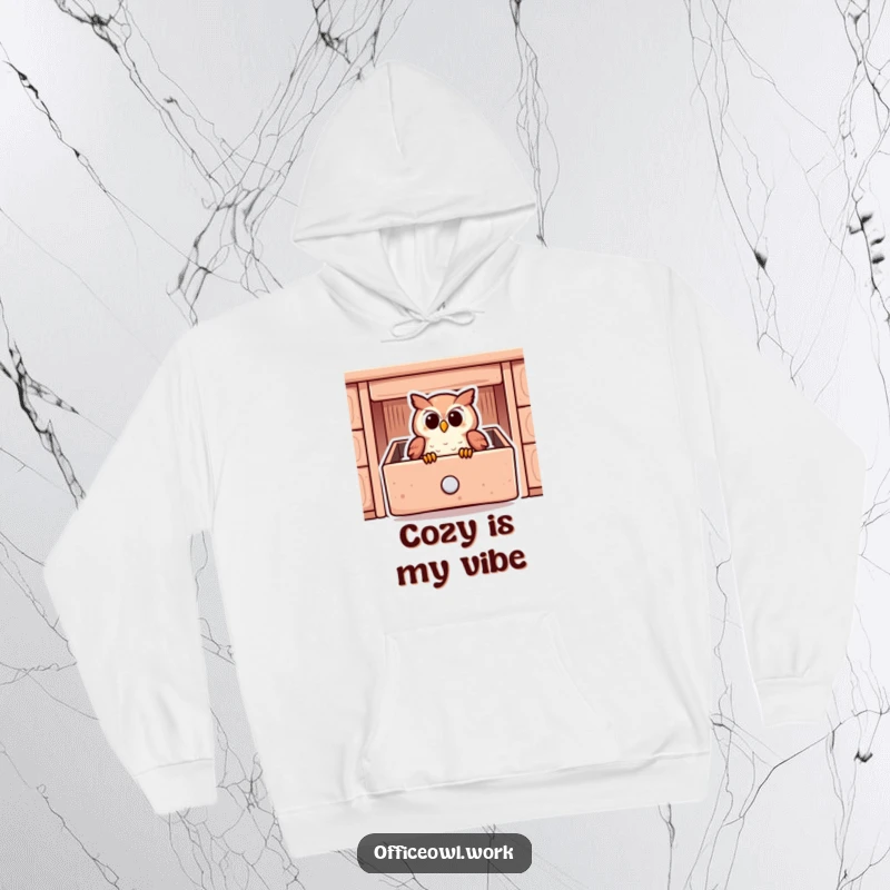 Funny, warm hoodie with a graphic of a content owl snuggled deep inside a cozy, stylized desk drawer.