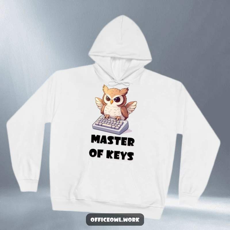 Funny, cozy hoodie featuring an owl enthusiastically typing on a miniature keyboard, its wings providing a dynamic backdrop.
