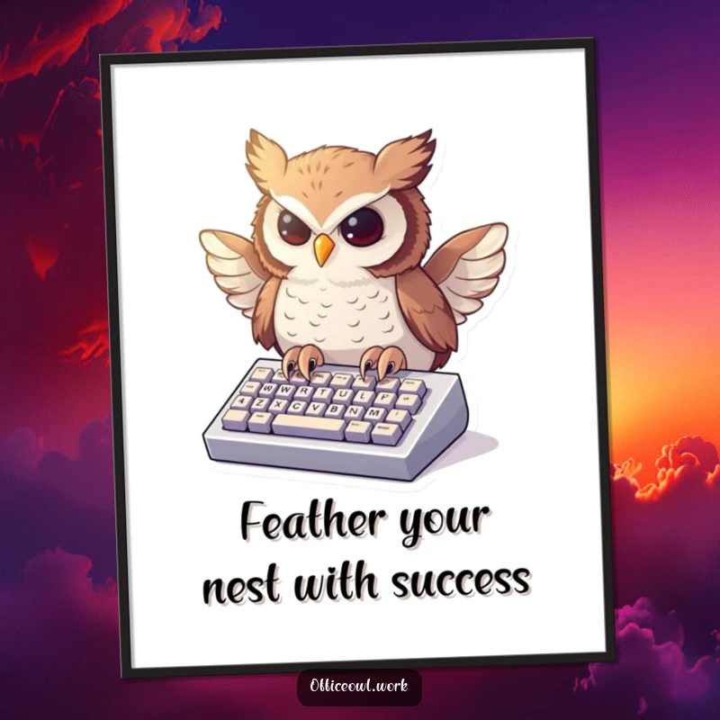 Funny Free Printable Wall Art: Owl with feathered wings typing enthusiastically on a tiny keyboard, humorous downloadable art.