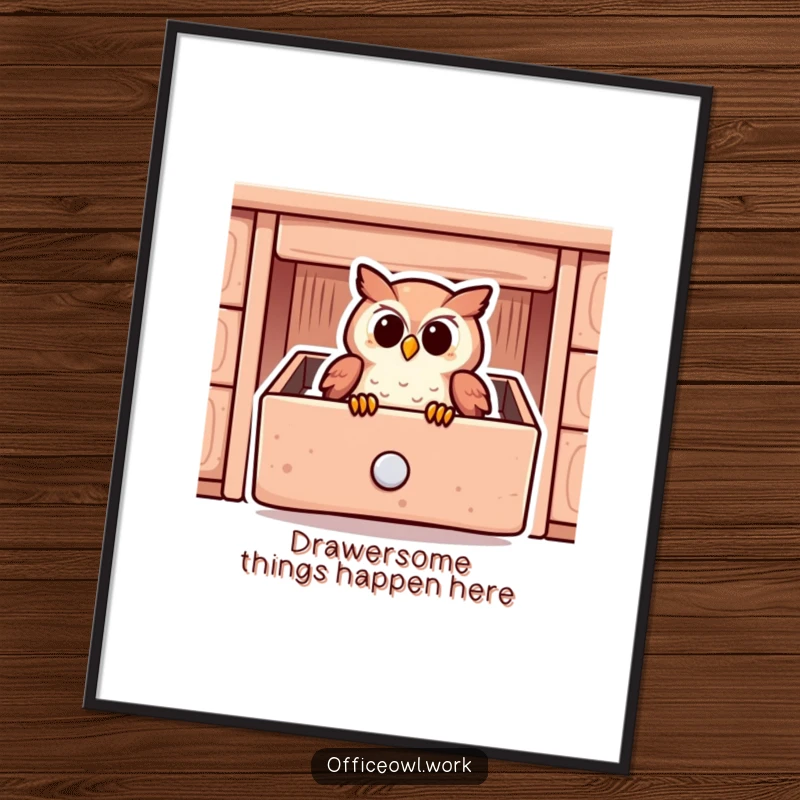 Funny Free Printable Wall Art: A content owl sleeping peacefully inside a cozy desk drawer, whimsical downloadable art.