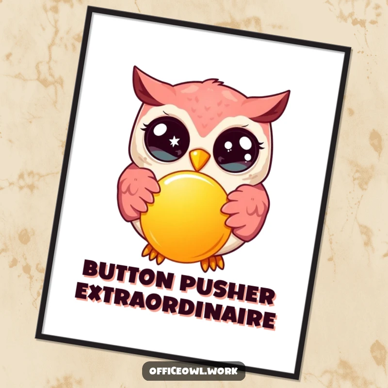 Free Printable Wall Art: Energetic kawaii owl with wide eyes enthusiastically pressing a large, glowing button for fun.