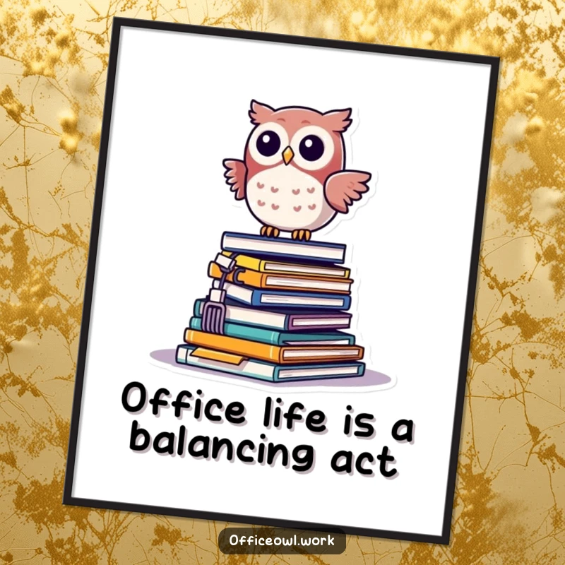 Free Printable Wall Art: Cute kawaii owl precariously balancing on a teetering tower of pens, clips, and papers.