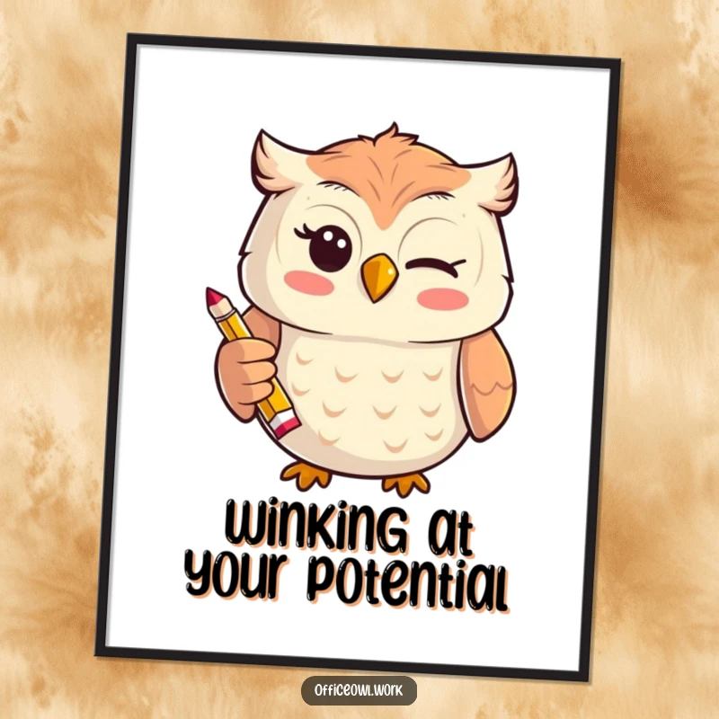 Free Printable Wall Art: Cheerful kawaii owl giving a playful wink, holding a tiny stylized pencil, artistic and cute.