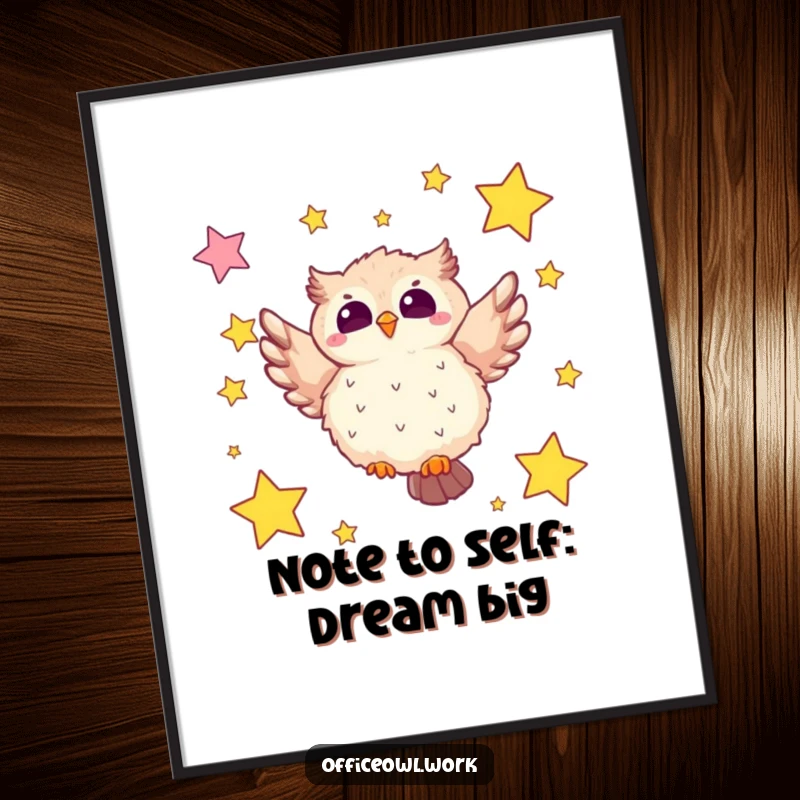 Funny free printable wall art of a fluffy kawaii owl soaring joyfully through a dreamy sky filled with star-shaped sticky notes.