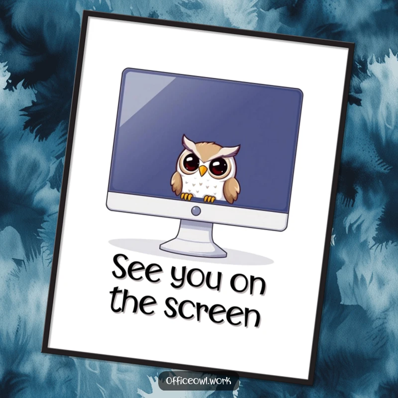 Funny Free Printable Wall Art: An owl playfully peeking out from behind a large computer monitor screen, humorous downloadable art.
