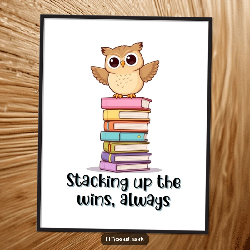 Funny Free Printable Wall Art: An owl playfully balancing on a tall, unstable stack of pastel folders, humorous downloadable art.