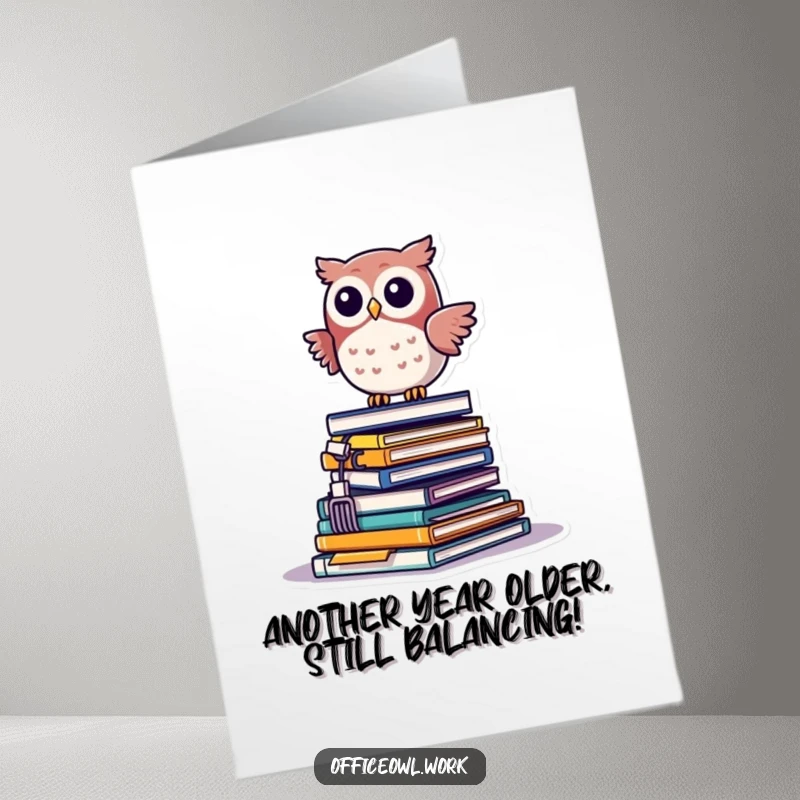 Funny Free Printable Birthday Card: Tiny kawaii owl balancing precariously atop a shaky pile of office stationery.