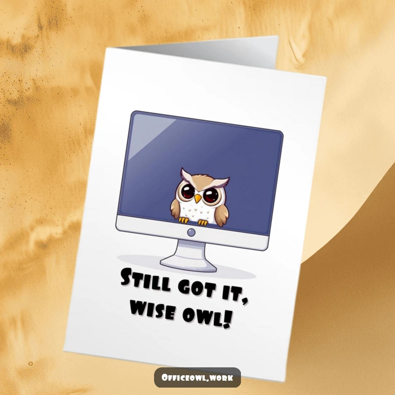 Funny Free Printable Birthday Card: Owl peeking from behind a computer screen, mischievous and cute downloadable greeting.
