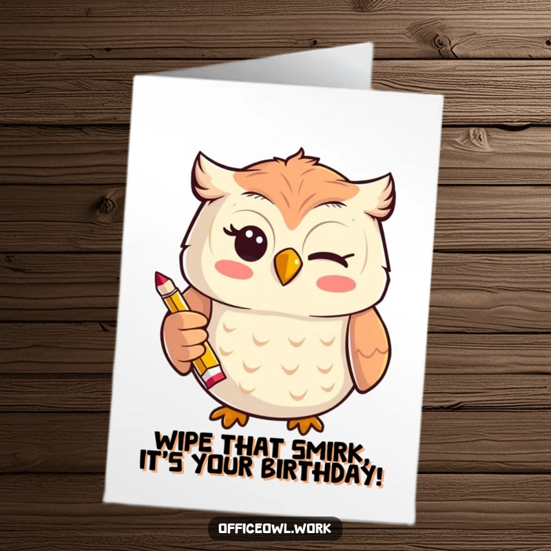 Funny Free Printable Birthday Card: Cheerful kawaii owl winking playfully while holding a small, stylized pencil.