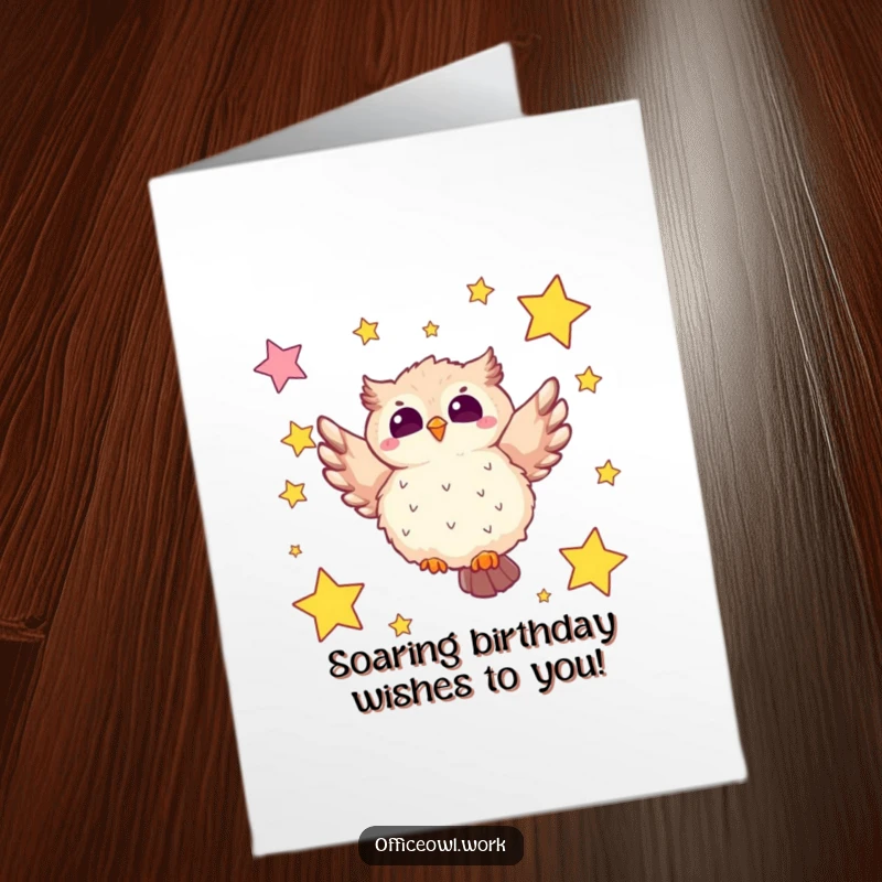 Funny free printable birthday card with a fluffy kawaii owl joyfully soaring through a sky filled with star-shaped sticky notes.