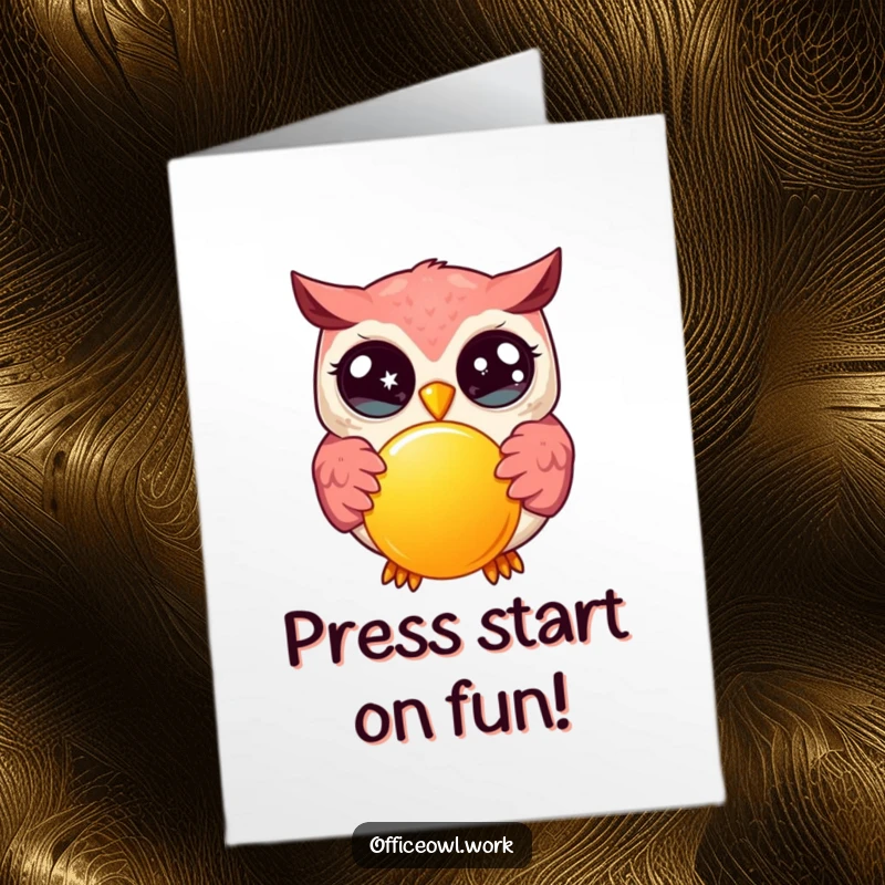 Funny Free Printable Birthday Card: Kawaii owl with big eyes joyfully pushing a giant red button, ready to party.