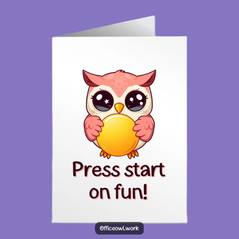 Free Printable Birthday Card: Funny Kawaii Owl Pushing Button, Perfect Downloadable Gift