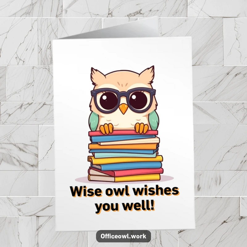 Funny free printable birthday card with a kawaii owl wearing glasses, peeking over a stack of colorful papers.