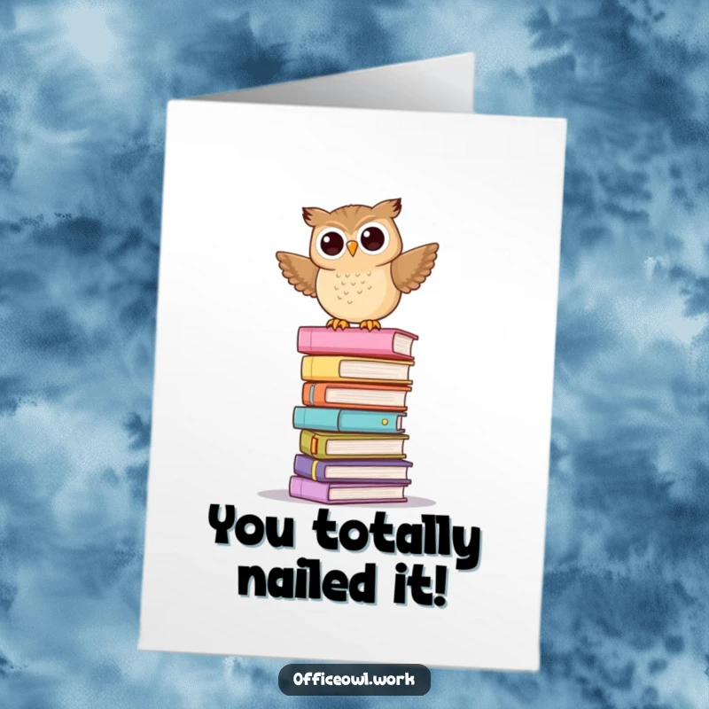 Funny Free Printable Congrats Card: Owl precariously balanced on pastel folders, humorous and congratulatory downloadable.