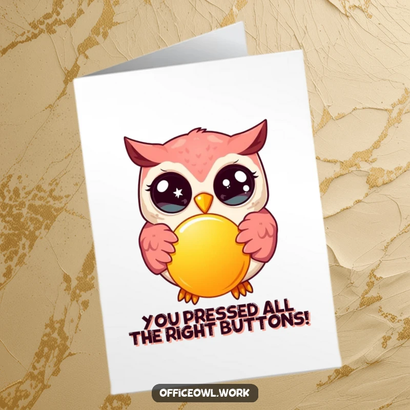 Free Printable Congratulations Card: Adorable kawaii owl gleefully pressing a large button, signifying a major achievement.