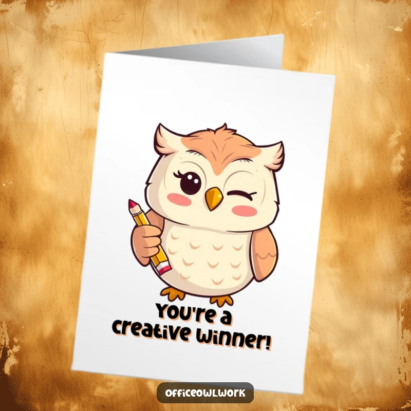 Free Printable Congratulations Card: Adorable kawaii owl giving a playful wink while holding a tiny pencil, approving success.