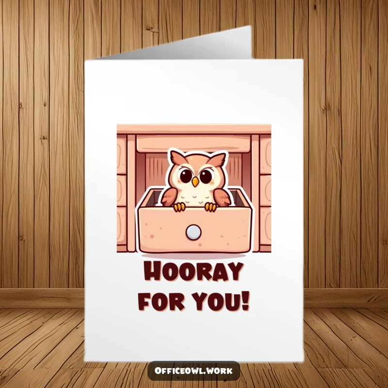 Funny Free Printable Congrats Card: An owl snuggled in a desk drawer, peaceful and cozy downloadable greeting.
