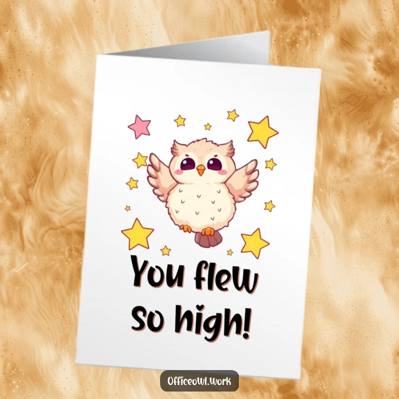 Funny free printable congratulations card showing a fluffy kawaii owl soaring joyfully through a sky dotted with star sticky notes.