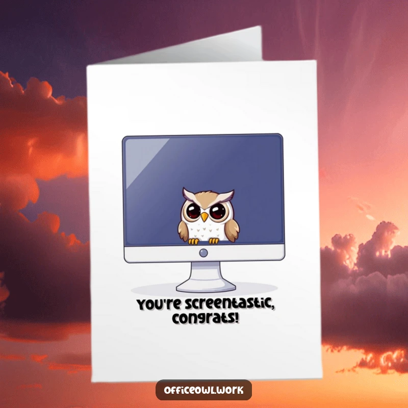 Funny Free Printable Congrats Card: Owl playfully peeking from behind a large computer monitor, witty and celebratory downloadable.