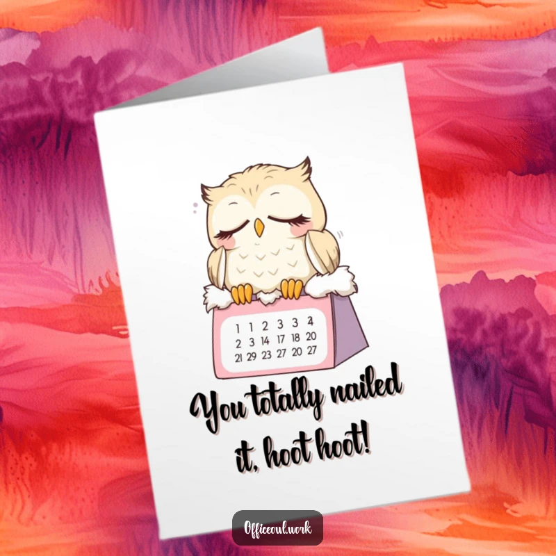 Funny free printable congratulations card: A sleepy owl manages to stay awake on a calendar, celebrating success with a yawn.