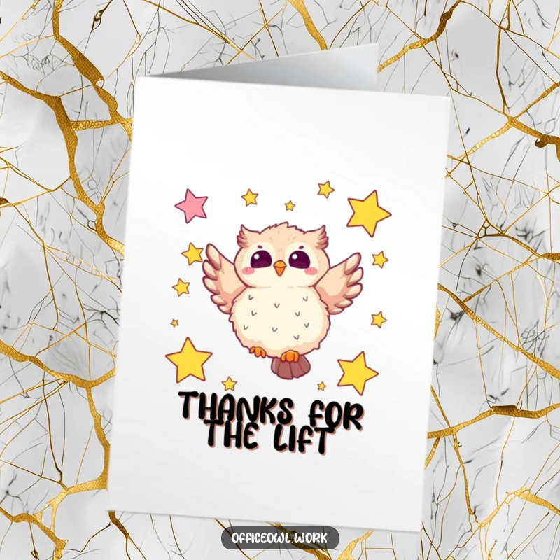 Funny free printable thank you card featuring a fluffy kawaii owl soaring joyfully through a sky of star-shaped sticky notes.