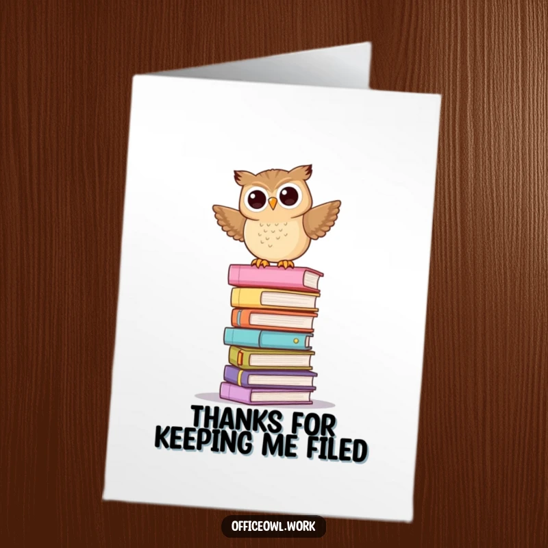 Funny Free Printable Thank You Card: An owl balancing on a tall stack of pastel folders, cute and funny downloadable.