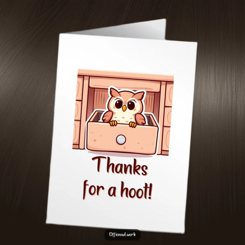 Funny Free Printable Thank You Card: An owl resting inside a stylized desk drawer, cute and heartwarming downloadable.