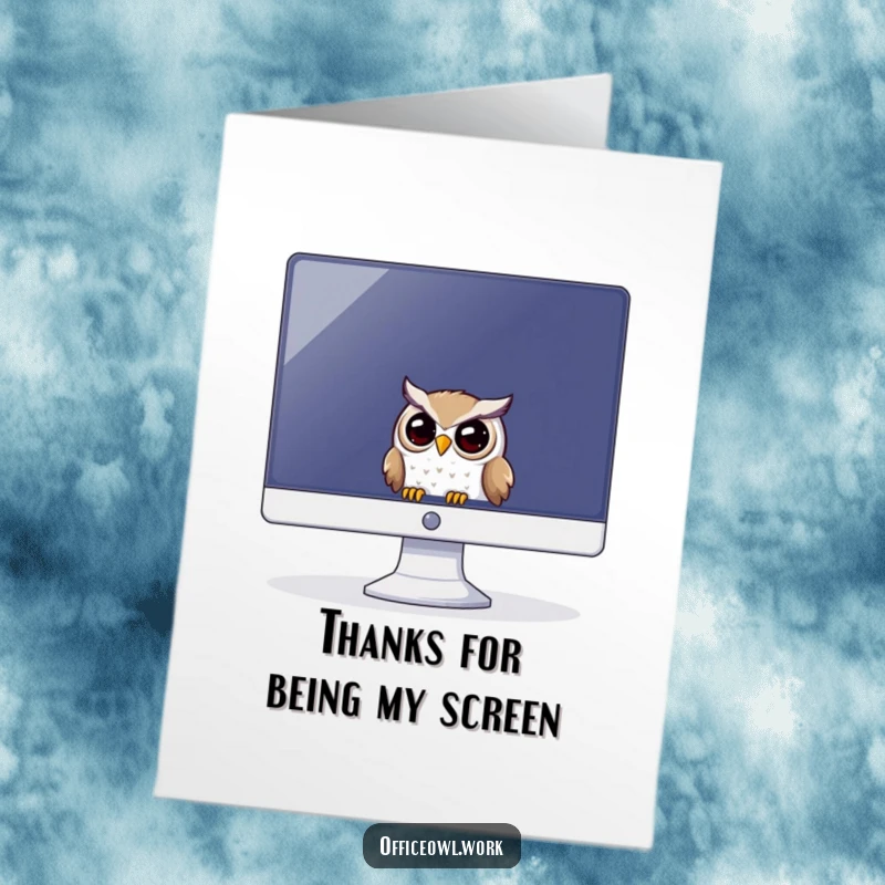 Funny Free Printable Thank You Card: An owl playfully peeking out from behind a computer monitor, cute and funny downloadable.