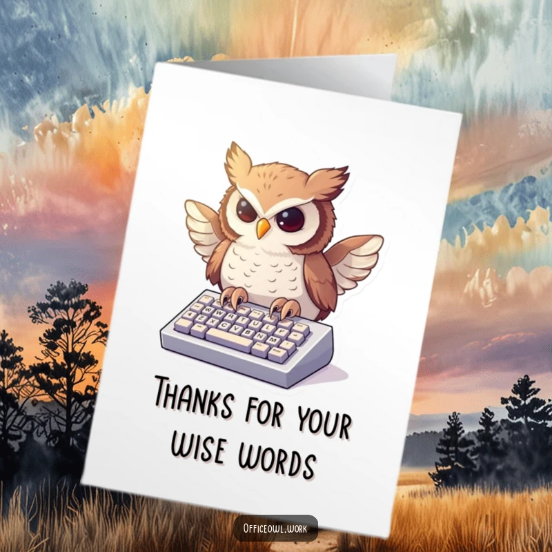 Funny Free Printable Thank You Card: An owl typing furiously on a small keyboard, entertaining and expressive downloadable.
