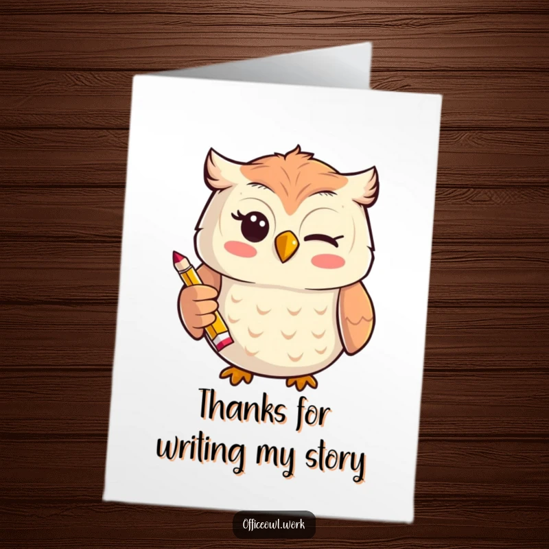 Funny Free Printable Thank You Card: Cute kawaii owl with a playful wink holding a tiny pencil, sending thanks.