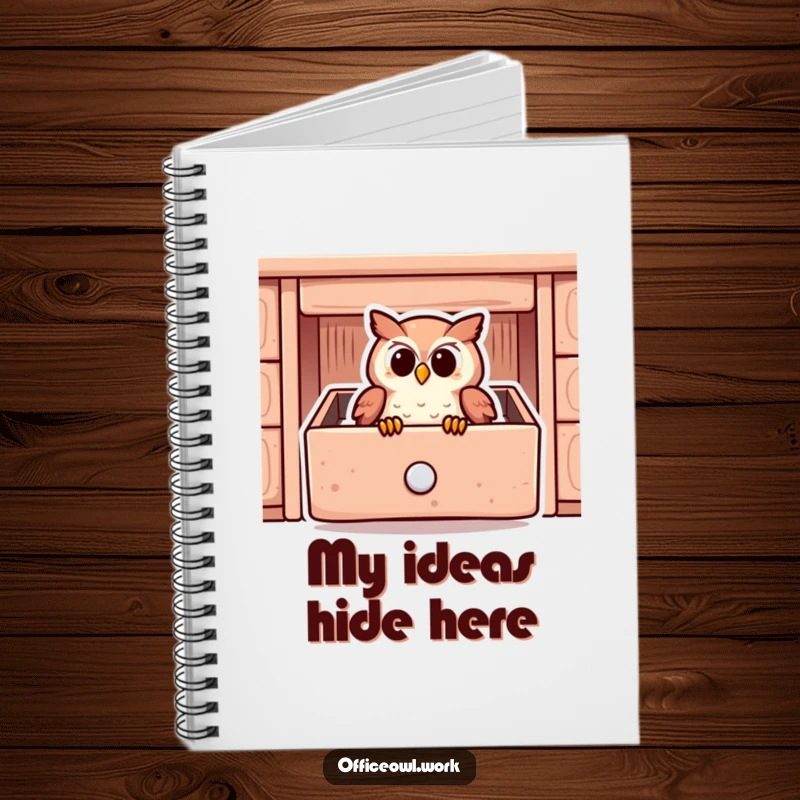 Funny notebook cover with a content owl snuggled inside a stylized desk drawer, ideal for writing.
