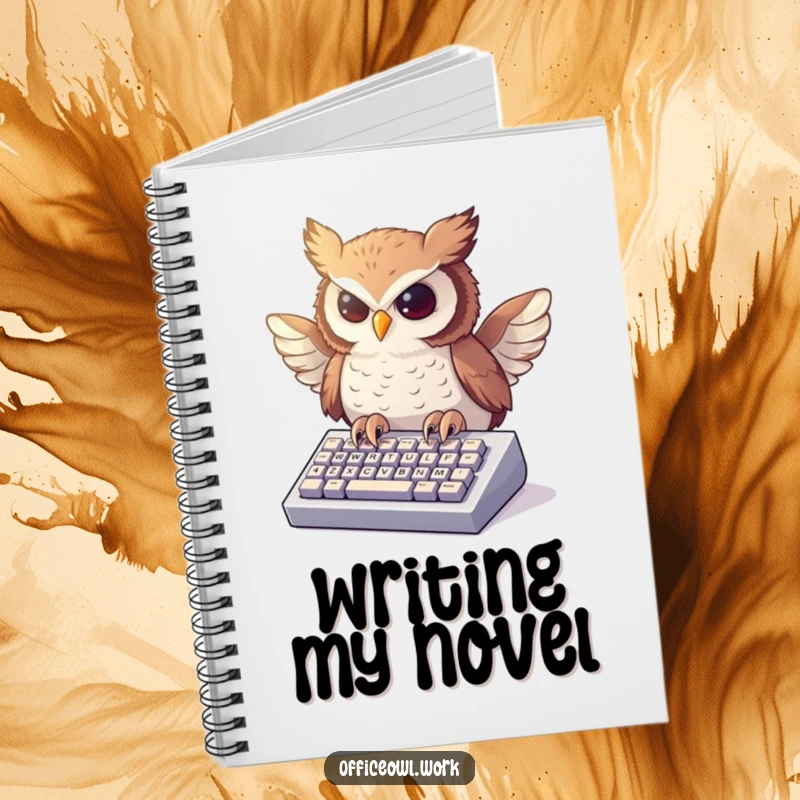 Funny notebook cover with an owl enthusiastically typing on a miniature keyboard, wings slightly extended.