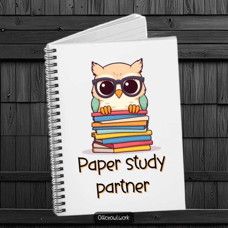 Funny owl notebook with a kawaii owl wearing spectacles, peeking over papers, ideal for jotting down insightful thoughts and ideas.
