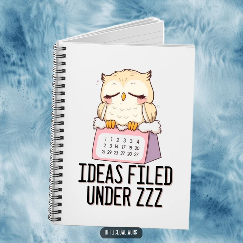 Funny sleepy owl notebook featuring a cute bird dozing on a calendar, perfect for journaling, planning, or capturing sleepy ideas.