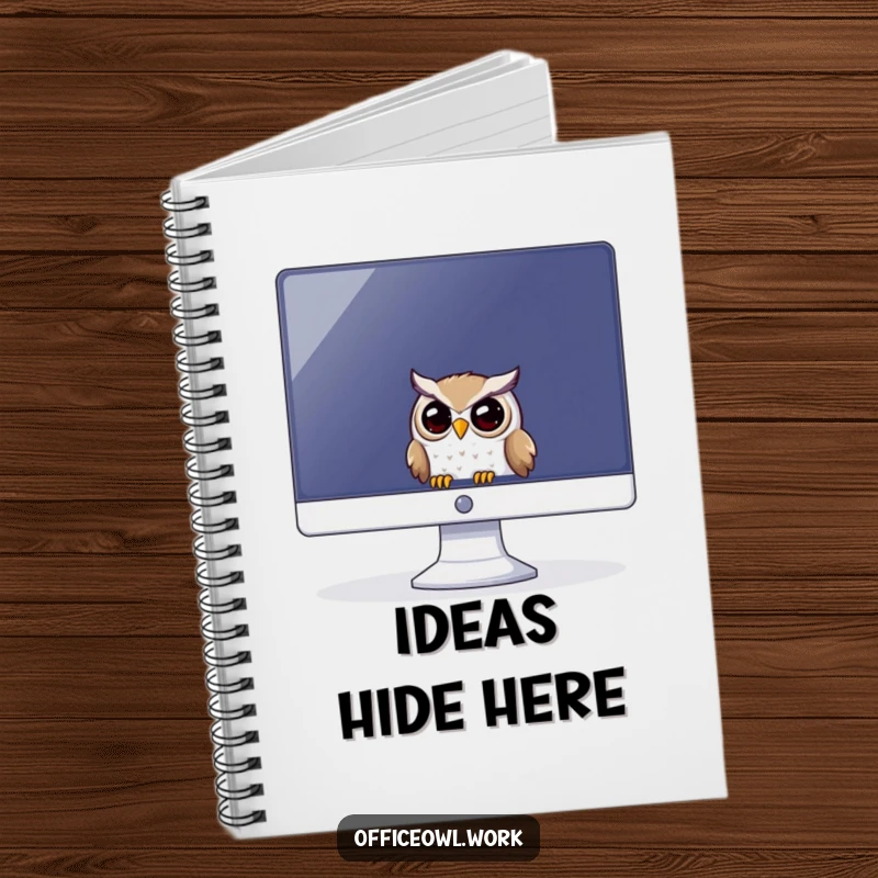 Funny notebook cover with a playful owl peeking out from behind a large computer monitor.
